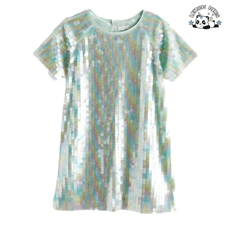 LEZONKIDS - Vestidos de princesa sequinados coloridos de manga curta para meninas personalizáveis para o verão